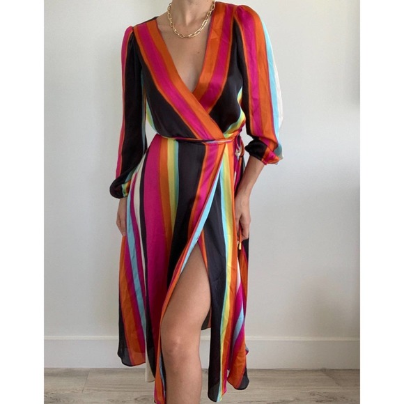 NONchalant The Label Camila Rainbow Stripe Silk True Wrap Midi Dress XS … - Picture 2 of 10